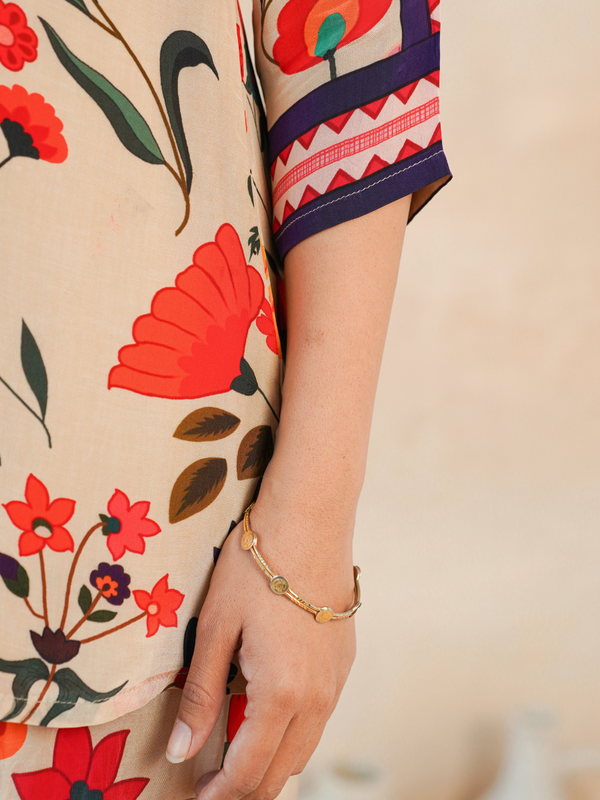 Elegant Beige Floral Shirt Style Top and Bottom Set