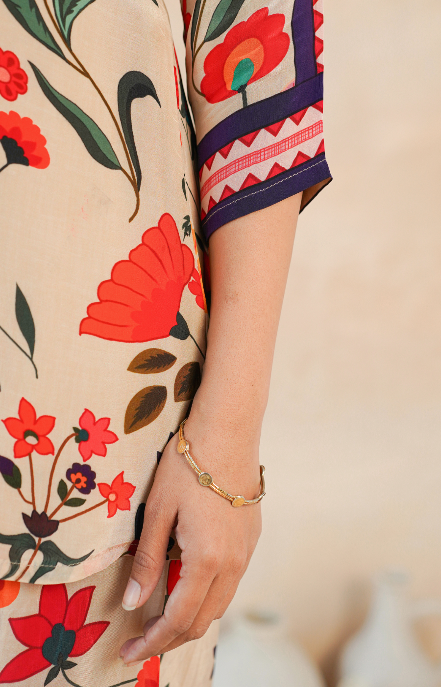Elegant Beige Floral Shirt Style Top and Bottom Set