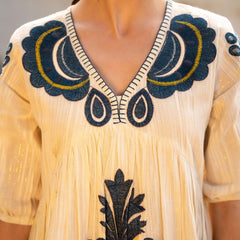 Cream Cotton Embroidered Midi Dress with V-Neck & Elbow Sleeves