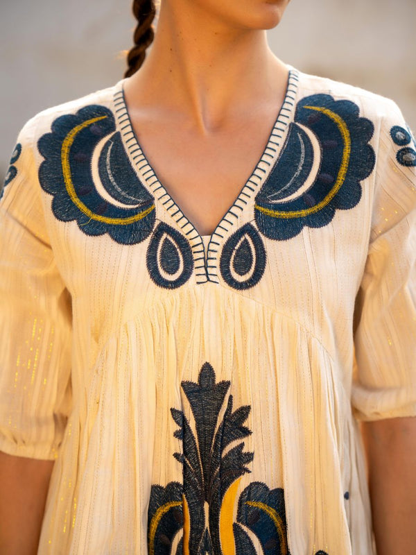 Cream Cotton Embroidered Midi Dress with V-Neck & Elbow Sleeves