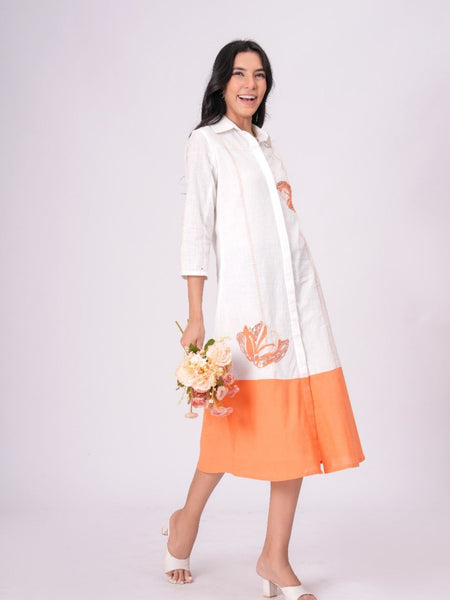 Airy Cotton Linen White Embroidered Midi Dress