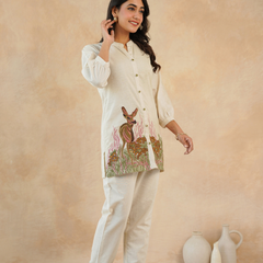 Beige Forest Harmony Embroidered Cotton Co-ord Set