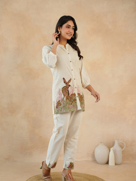 Beige Forest Harmony Embroidered Cotton Co-ord Set