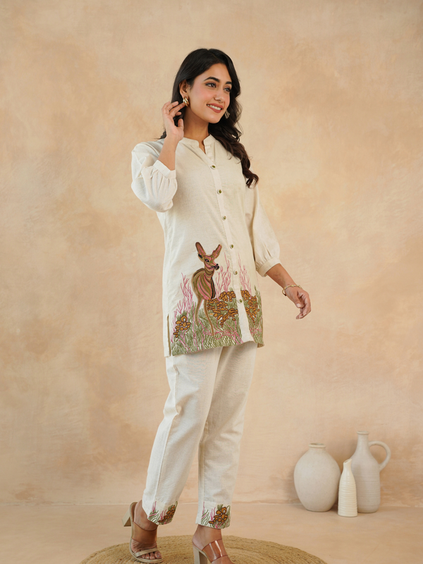 Beige Forest Harmony Embroidered Cotton Co-ord Set