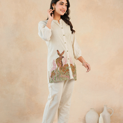 Beige Forest Harmony Embroidered Cotton Co-ord Set