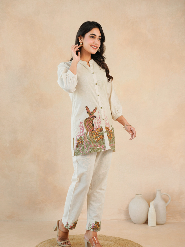 Beige Forest Harmony Embroidered Cotton Co-ord Set