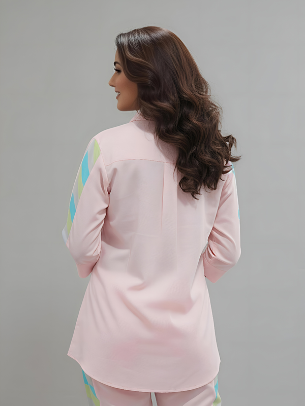 Pastel Pink Multicolor Stripe Detail Co-ord Set for Women
