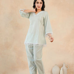 Graceful Bloom Mint Cotton Kurta and Pant Set
