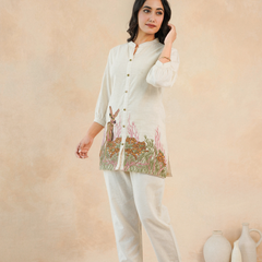 Beige Forest Harmony Embroidered Cotton Co-ord Set