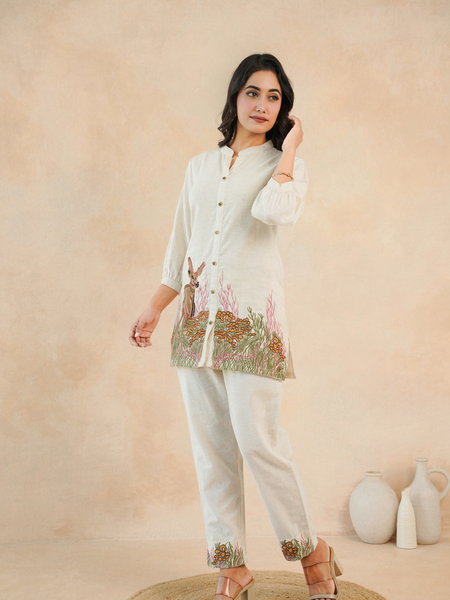 Beige Forest Harmony Embroidered Cotton Co-ord Set