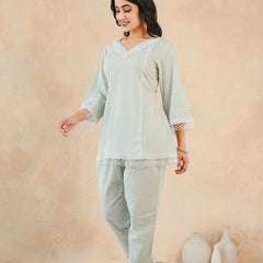Graceful Bloom Mint Cotton Kurta and Pant Set