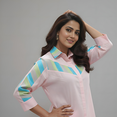 Pastel Pink Multicolor Stripe Detail Co-ord Set for Women