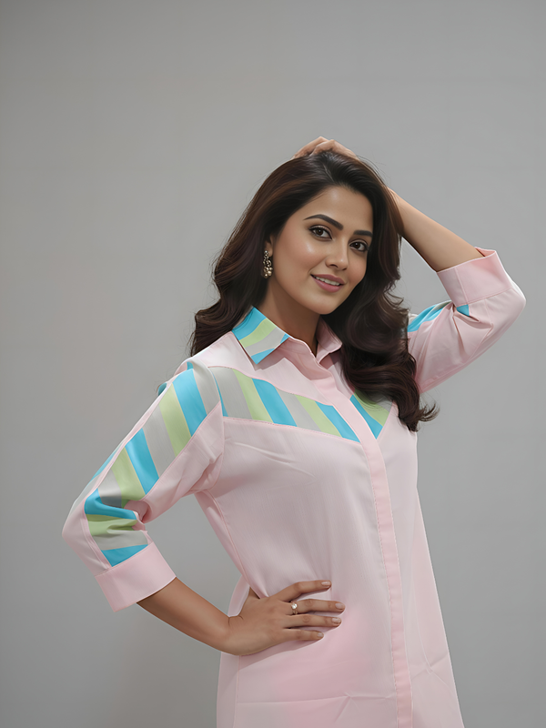 Pastel Pink Multicolor Stripe Detail Co-ord Set for Women