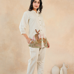 Beige Forest Harmony Embroidered Cotton Co-ord Set