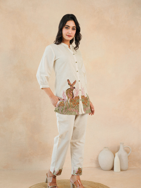 Beige Forest Harmony Embroidered Cotton Co-ord Set