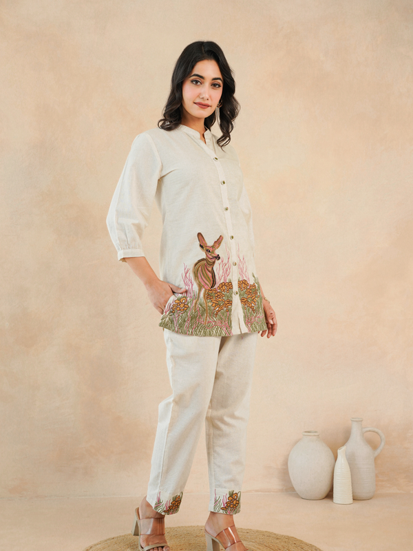 Beige Forest Harmony Embroidered Cotton Co-ord Set