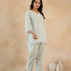 Graceful Bloom Mint Cotton Kurta and Pant Set