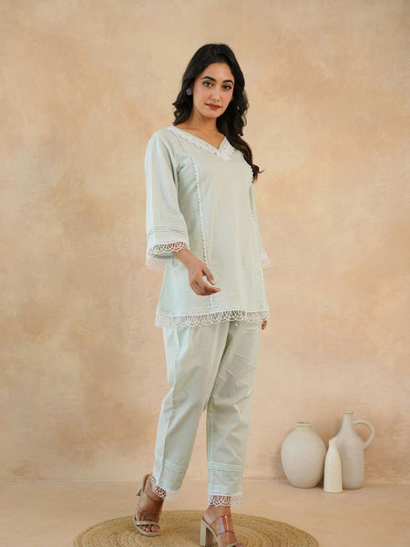 Graceful Bloom Mint Cotton Kurta and Pant Set