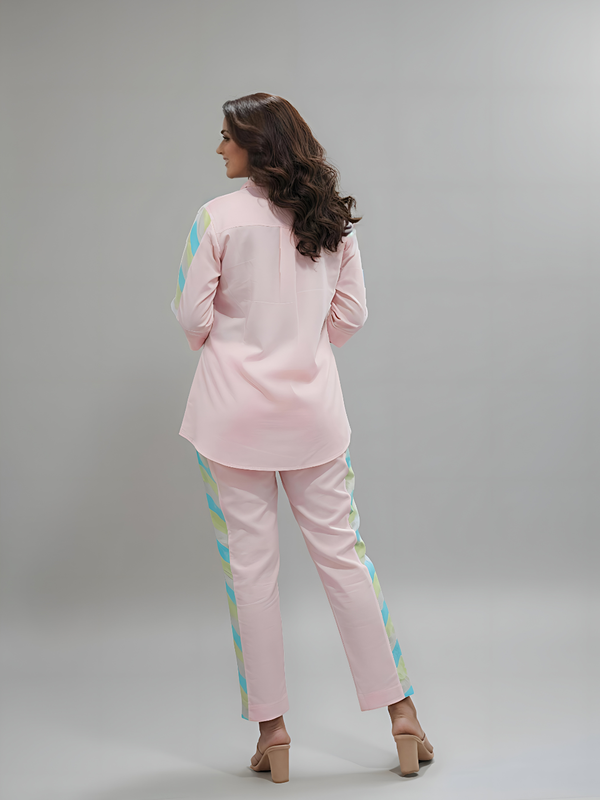 Pastel Pink Multicolor Stripe Detail Co-ord Set for Women