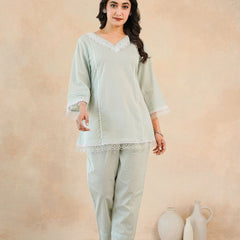 Graceful Bloom Mint Cotton Kurta and Pant Set