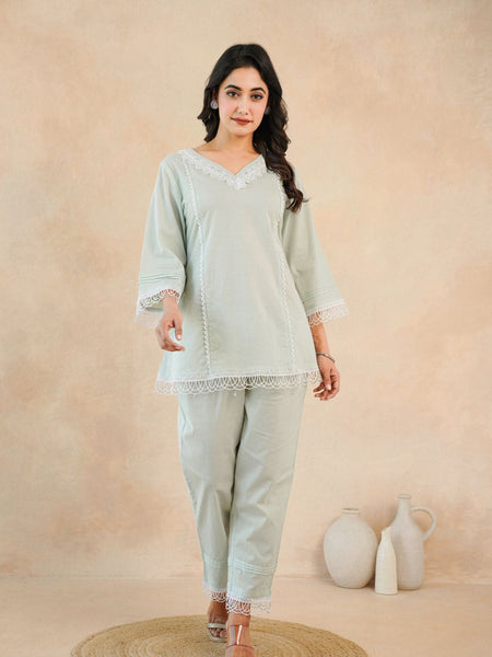 Graceful Bloom Mint Cotton Kurta and Pant Set