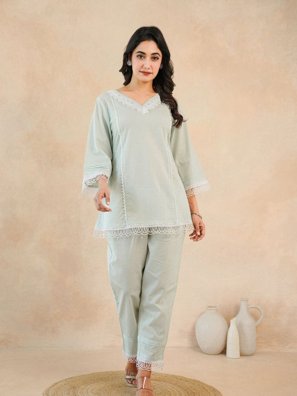 Graceful Bloom Mint Cotton Kurta and Pant Set