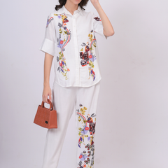 White Artistic Print Premium Cotton Co-Ord Set