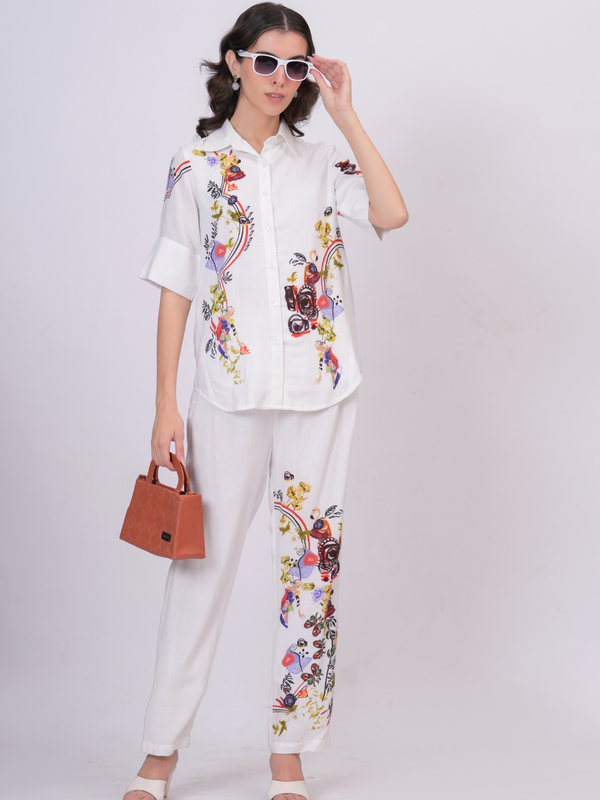 White Artistic Print Premium Cotton Co-Ord Set