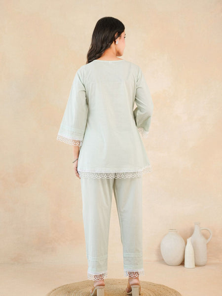 Graceful Bloom Mint Cotton Kurta and Pant Set