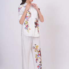 White Artistic Print Premium Cotton Co-Ord Set