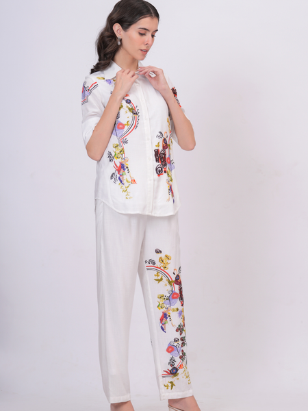 White Artistic Print Premium Cotton Co-Ord Set