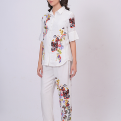 White Artistic Print Premium Cotton Co-Ord Set
