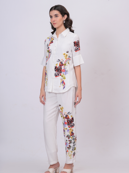 White Artistic Print Premium Cotton Co-Ord Set