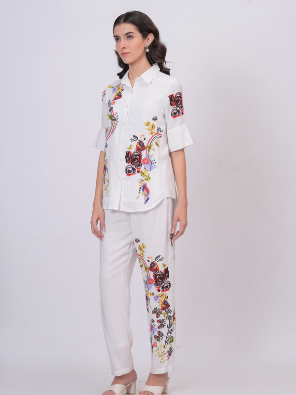 White Artistic Print Premium Cotton Co-Ord Set