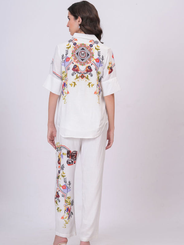 White Artistic Print Premium Cotton Co-Ord Set
