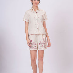 Blush Pink Embroidery Beige Cotton Co-ord Set