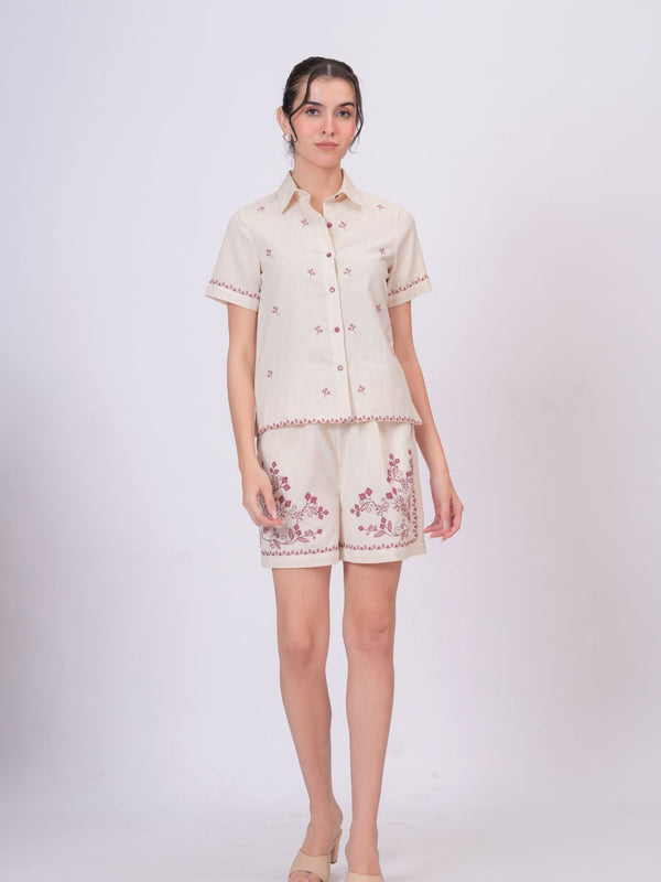 Blush Pink Embroidery Beige Cotton Co-ord Set