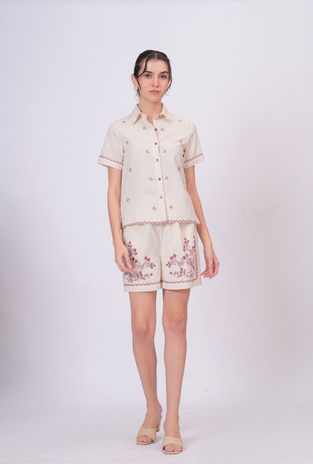 Blush Pink Embroidery Beige Cotton Co-ord Set