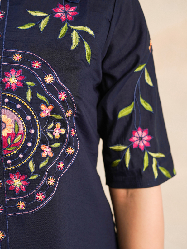 Stylish Navy Blue Embroidered Kurta with Matching Pants