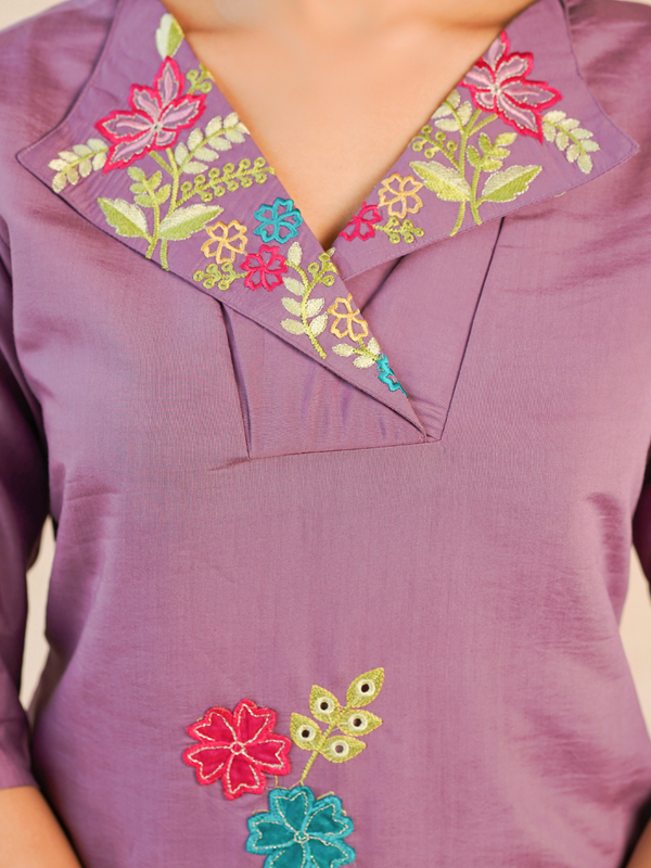 Lavender Floral Embroidered Kurta and Straight Pant Co-ord Set