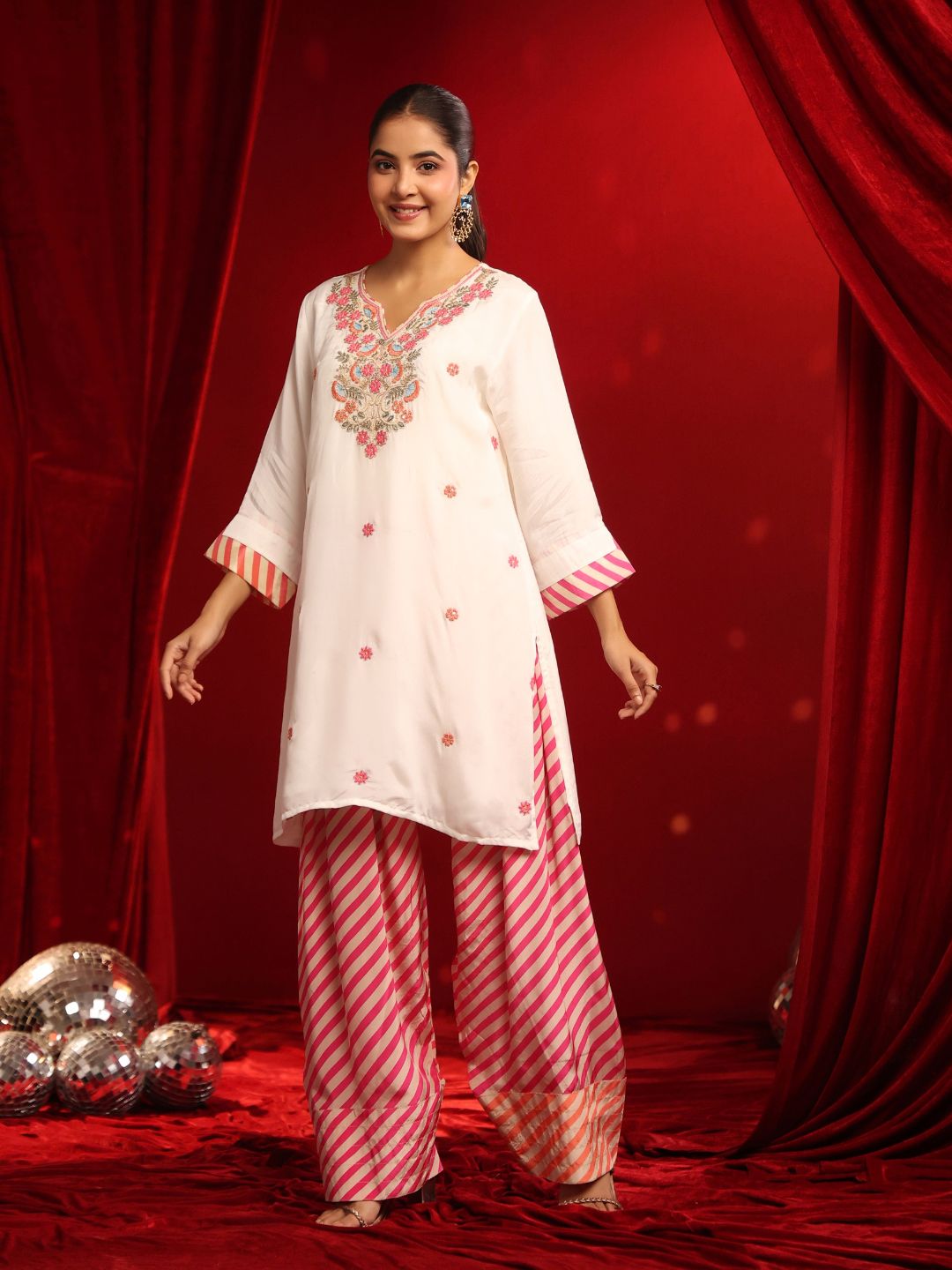 Ivory Pink Crepe Embroidered Kurta with Farshi Salwar Set