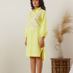 Sunshine Yellow Cotton Embroidered Shirt Dress
