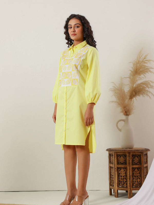 Sunshine Yellow Cotton Embroidered Shirt Dress