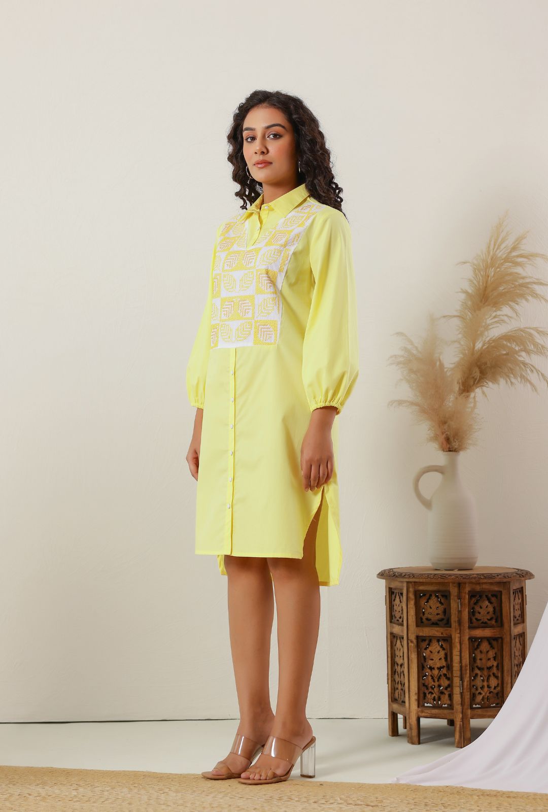 Sunshine Yellow Cotton Embroidered Shirt Dress