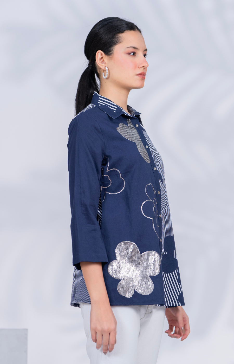Women Designer Patchwork Navy Casual Shirt