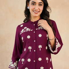 Maroon Embroidered Rayon Midi Dress
