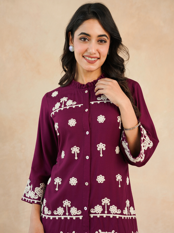 Maroon Embroidered Rayon Midi Dress