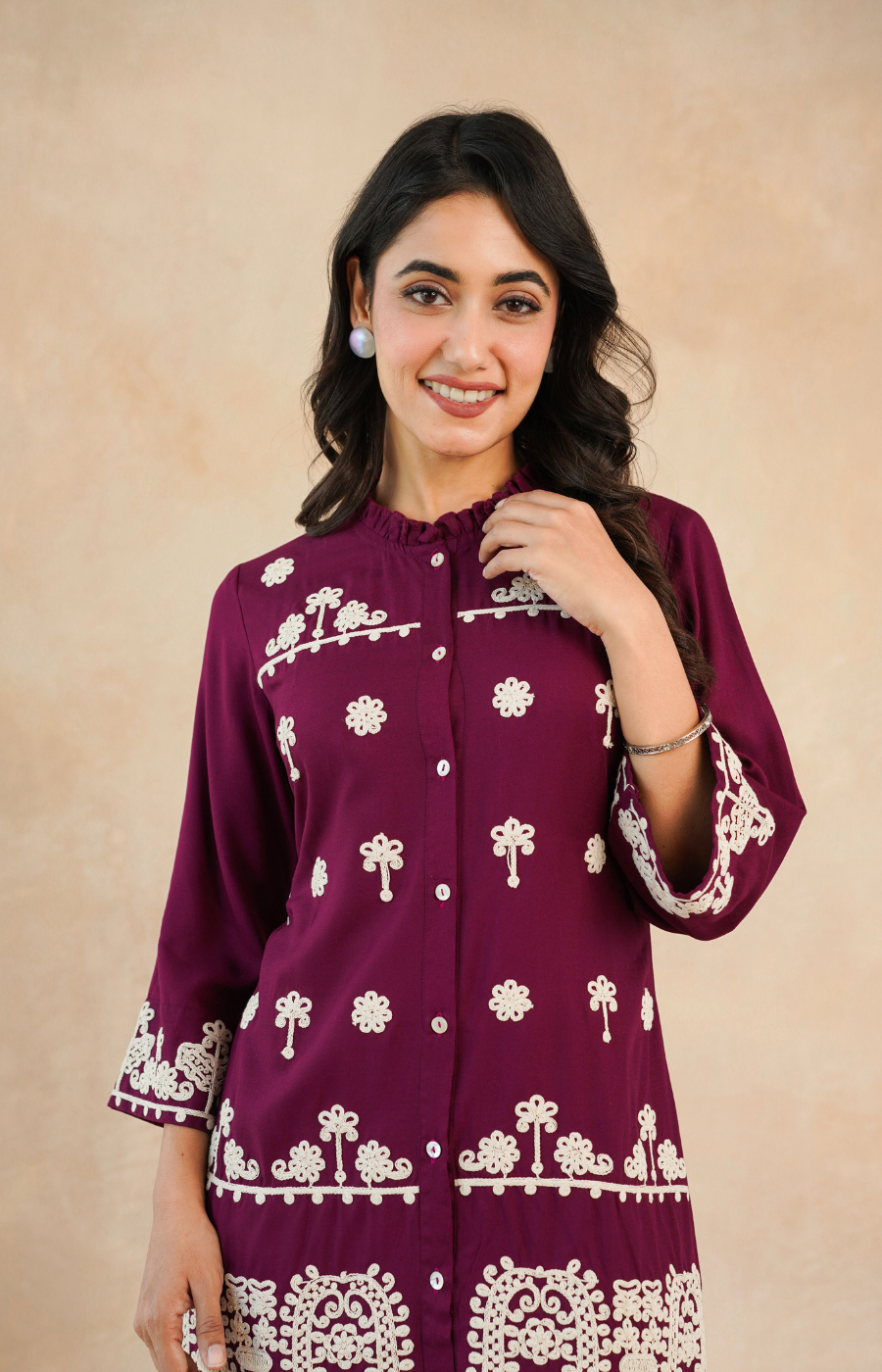 Maroon Embroidered Rayon Midi Dress