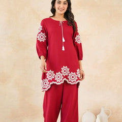 Stylish Red Flower Work Women’s Two-Piece Set