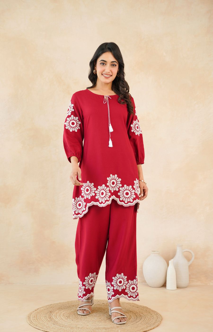 Stylish Red Flower Work Women’s Two-Piece Set